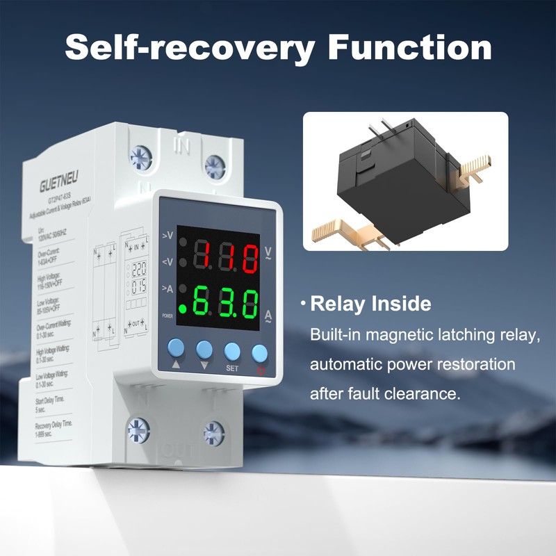 Multifunctional Over/Under Voltage Protector, 120VAC 63A, Current & Voltage Adjustable
