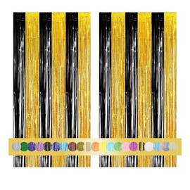 Pack of 2 New Year's Eve Tinsel Curtains Black Gold New Year Glitter Background Decoration Foil Fringe Birthday Wedding Party Decoration Streamers Decoration for Disco Party Wedding Party Decoration