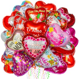 36Pcs Mother's Day Balloons, Happy Mom Foil Mylar Day Balloons, Mama Red Heart Balloons for for Best Mom Ever Mom Birthday Party Decoration