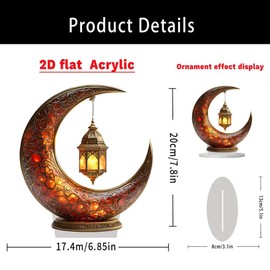 Zcargel Eid Mubarak Ornament 2D Crescent and Lantern Acrylic Tabletop Ornament Moon Star Light Tabletop Ornament for Ramadan Mubarak Eid Decorations Home Decoration