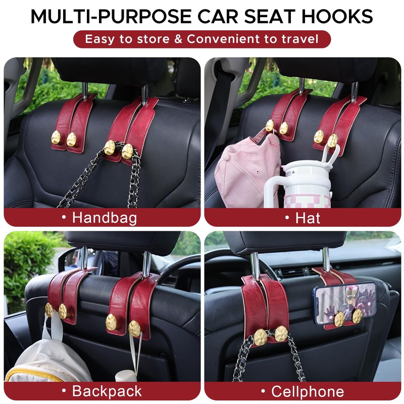 URIZZD 2PCS Leather Car Seat Hooks for Headrest, Vehicle Hanger