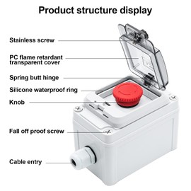 IP67 Button Switch Outdoor Waterproof Box Red Button Emergency Stop with Protective Cover Anti-misoperation Switch(AC/DC 6A-110V/3A-240V/2.5A-380V)