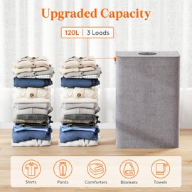 Lifewit 120L Large Laundry Hamper with Lid, Collapsible Laundry Basket with Lid and Reusable Inner Bag, Tall Dirty Clothes Hamper for Laundry Room, Bathroom, Dorm, Bedroom, Light Gray