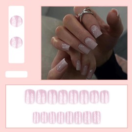 24Pcs Square False Nails - Glitter Grey Pink Tip Press On Nails - Removable Glue On Nails - Acrylic Full Cover Artificial Stick On Nail for Women & Girls