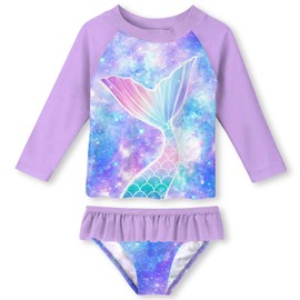 Funnycokid Girls Rash Guard Swimsuit Size 5 6 Bathing Suit Mermaid Purple Long Sleeve 2 Piece Swimwear Rash Guard Set Kid 5-6 Years