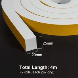 fowong High Density Foam Tape, 2 Rolls 25mm(W) x 20mm(T) x 2M(L) Weather Stripping for Doors and Windows, Door Soundproofing, Shockproof, Furniture Protective, Total 4M Long, White
