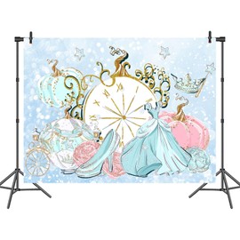 InMemory Sky Blue Princess Birthday Party Backdrop for Girls Cartoon Fantasy Pink Flowers Pumpkin Carriage Disc Clock Decoration Banner Photo Booth Studio Photography Background 7x5ft