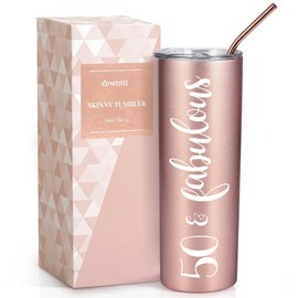 Onebttl 50th Birthday Gifts for Women, Female, Her - 50 and Fabulous - 20oz/590ml Stainless Steel Insulated Tumbler with Straw, Lid, Message Card - (Rose Gold)