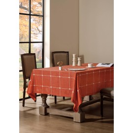 ZeeMart Grid Embroidered Hemmed Tablecloths, Orange 60x84 Inch, Farmhouse Style Heavy Weight Cotton Linen Burnt Orange Fall Tablecloths, Boho Plaid Water Resistant Rectangle Table Cloth