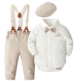 SALNIER Baby Boy Dress Suit Clothes Sets Infant Tuxedo Gentleman Suits Outfits Bowtie Shirt Suspenders Pants Beret Hat 0-24M(L-beige,3-6 Months)