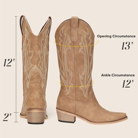 RURUNA Cowboy Boots Women Western Boots Cowgirl Boots Ladies Pointy Toe Mid Calf Boots Fashion Boots