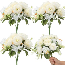 Tigeen 36 Heads Artificial Christmas Flowers Silk Peonies Dahlias Bouquets Fake Peonies Hydrangea Winter Flower Arrangements for Home Table Centerpieces Indoor Outdoor Xmas Holiday Party(White)