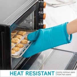 COOK WITH COLOR Silicone Oven Mitts- Heat Resistant Gloves with Soft Quilted Lining Oven Mitt Pot Holders for Cooking and BBQ, Teal, Mitt Set