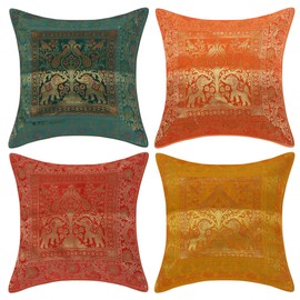Real Online Seller Indian Ethnic Hand Embroidery Elephant Print Decorative Silk Cushion Cover (Multi Color Elephant Set of 4, 16 x 16 Inches)