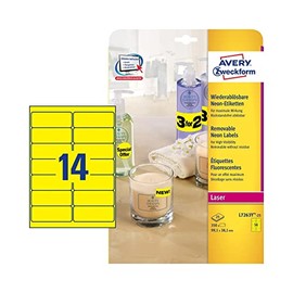 Avery L7263Y-25 Printable, Customisable Removable Neon Yellow Labels, 14 Labels Per A4 Sheet