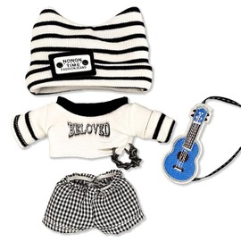 Kpopdoll Costume with Cat Ears Knit Hat & Shirt & Pants & Guitar Set for 3.9 inches (10 cm) White Sewing Clothing Kigurumi Accessory Praise Hunting Geek Doll Doll Mascot