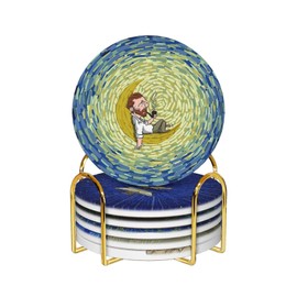 Drink Coasters with Holder, Absorbent Coaster Sets of 6,Van Gogh Art Ceramic Drink Coaster for Tabletop Protection,Suitable for Kinds of Cups, Wooden Table,Housewarming Gifts for Home Decor