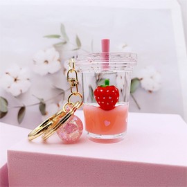Rertnocnf Cute Kawaii Floating Strawberry Fruits Milk Tea Cup Design Backpack Key Pendant Kids Girls Women Handbag Wallet Clear Acrylic Glitter Liquid Keychain 5 x 3 x 3.7 cm