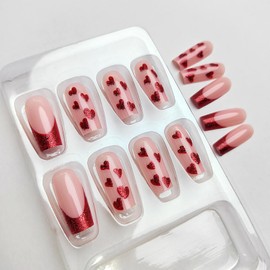 Red French Tip Press on Nails Long Square Valentines Day Fake Nails with Glue Red Glitter Love Heart Design Sparkling False Nails Valentine Love Glue on Nails Artificial Stick on Nails for Women Girls