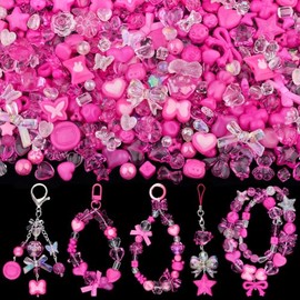 170-230PCS Rose Pink Assorted Acrylic Cute Beads for Bracelet Making, Bow Butterfly Candy Star Heart GummyBear Round Cube Kawaii Charms for Jewelry Making DIY Necklace Keychain Phone Charm(150g)