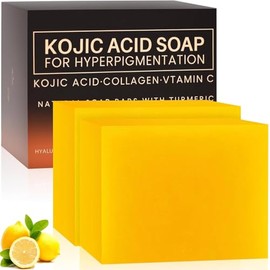 2PCS Barra de ácido Kójico, Jabón de Cúrcuma y Ácido Kójico, jabon curcuma, Acido Kojico y Curcuma Para Eliminar Puntos Negros Con Limón, Colágeno, Vi