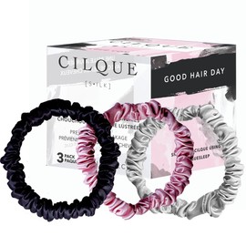 CILQUE 100% Mulberry Silk Scrunchies, 22 Momme – 3-Pack (White, Black, Pink) – Gentle on Hair, Anti-Frizz, Luxury Silk Hair Ties (Medium)