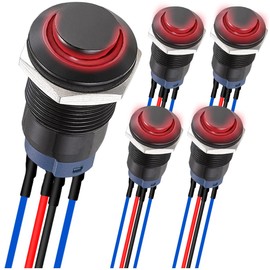 MKBKLLJY Momentary LED Push Button Switch Black Shell with Pre-Wiring IP65 Waterproof Push Button Switch SPST 2Position On Off with Red LED for Car Marine Boat Truck Equipment DIY Pack of 5
