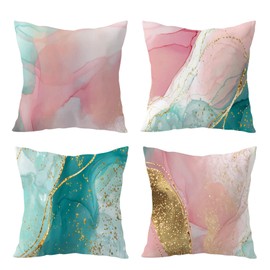 HVEST Pink Marble Pillow Covers 18x18 Set of 4, Gold Teal Blue Abstract Marble Textured Throw Pillow Covers Modern Minimalist Decorative Pillow Covers for Couch Sofa Bed Home Decor Pillowcase