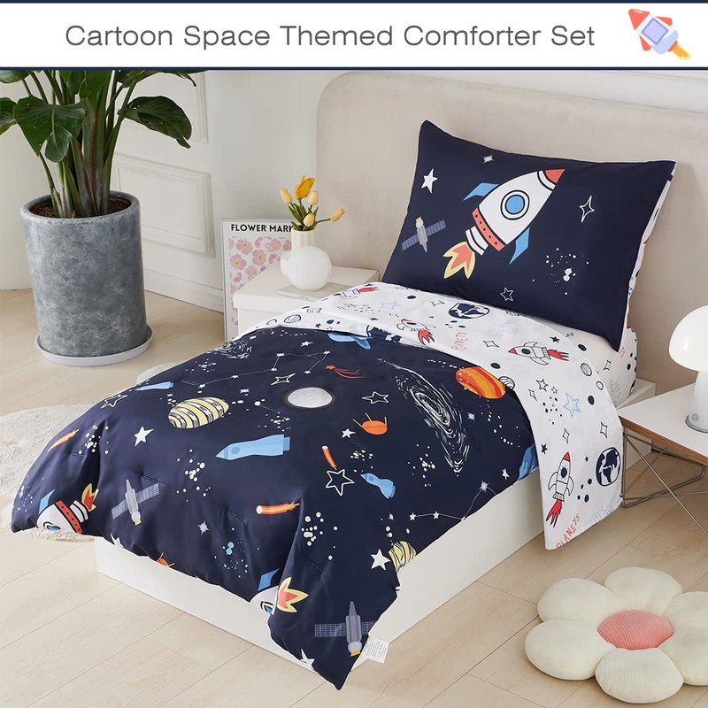 PERFEMET Twin Comforter Set 4 Piece Kids Space Rockets Comforter
