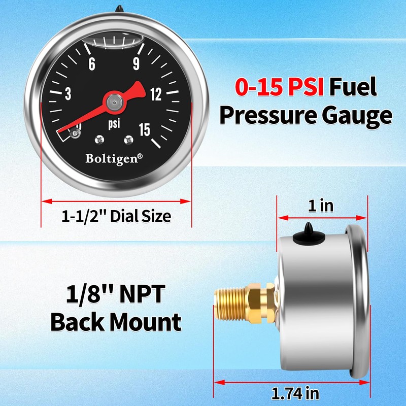 Boltigen Fuel Pressure Gauge, 1/8'' NPT Inline Fuel Pressure Guage