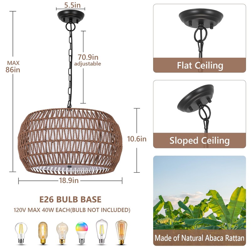 PAUFUL Rattan Farmhouse Chandelier Light Fixtures,5-Lights Boho Large Pendant Light,Woven
