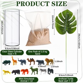 Teenyyou 31 Pcs Jungle Animal Party Decorations Set Includes 6 Glass Flower Vases 12 Safari Animals 12 Tropical Palm Leaves and Sands Table Centerpieces for Home Wedding Hawaiian Jungle Party Decor