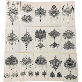 Tatuajes temporales de loto (20 unidades) para mujer, tatuajes temporales para mujer y niña, tatuaje tribal indio de encaje, pegatina para el cuello, tatuaje de mandala de flor, mariposa y rosa