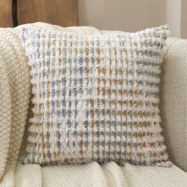 Aeckself Boho Chenille Tufted Pillow Cover 20x20 Inch, Decorative Square Throw Pillow Cover Neutral Pillowcase for Couch Bedroom Living Room, Yellow White