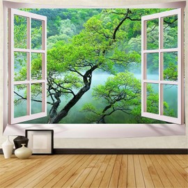 FENDROM Misty Lake Forest Tapestry Wall Hanging Nature Green Tree Landscape Window View Tapestries for Bedroom Living Room Dorm Decor
