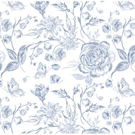 Micpolo Peel and Stick Wallpaper Floral Wall Paper Boho Embroidered Contact Paper Bedroom Bathroom Wallpaper Navy Blue and White Removable Self-Adhesive Kitchen Wall Decor Vinyl Roll 17.3" x 78"