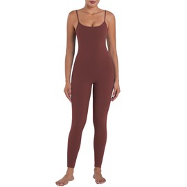 Sunzel Workout Jumpsuits for Women Adjustable Spaghetti Strap Leggings Bodysuit Square Neck Sleeveless One Piece Yoga Unitard 26" Wine Red Large