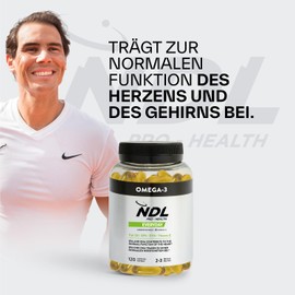 NDL Pro-Health Omega 3 – Fischöl mit hoher Konzentration an EPA und DHA – Reines Ergänzungsmittel für die Gesundheit des Herzens, des Gehirns, der Augen und der Gelenke – 120 Kapseln