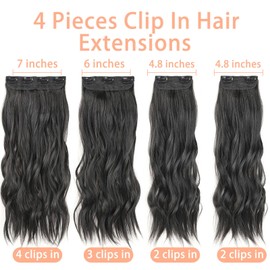 Mscat 16 Inch Wavy Hair Extensions Dark brown Clip in Hair Extensions Synthetic Thick Hair pieces for Women Girls 4PCS Full Head Set Thick Curly Synthetic Hair Extensions(4#)
