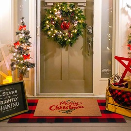 Christmas Red and Balck Plaid Rug - 28 x 43 Inches Outdoor Front Door Decor Mat Cotton Washable Hand-Woven Rug Christmas New Year Holiday Porch Entryway Layered Doormat