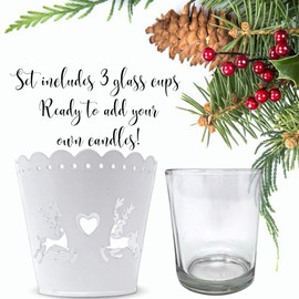 BANBERRY DESIGNS White Deer Votive Holders - Set of 3 Christmas Tin Metal Cut Out Reindeer Design - Rustic Christmas Table Decorations