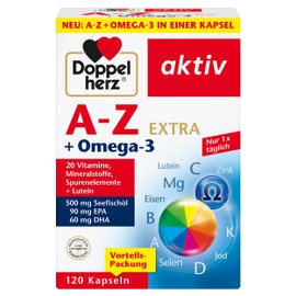 Doppelherz A-Z + Omega-3 Extra - 20 Vitamins, Minerals & Trace Elements + Omega-3 + Lutein - Only 1 Capsule Daily - 120 Capsules