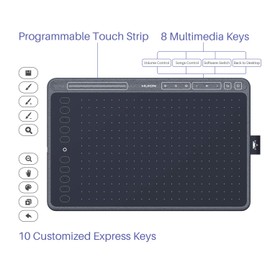 HUION HS611 Graphics Drawing Tablet Android Support Digital Art Tablet with Battery-Free Stylus 8192 Pen Pressure Tilt 8 Multimedia Keys 10 Hot Keys and Touch Ring, 10x6 inch Drawing Pad, Space Grey