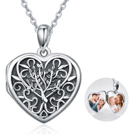 Tree of Life Locket Necklace Holds Picture Inside Sterling Silver Heart Photo Locket Necklace Memorial Jewelry Gifts for Women Mom Daughter