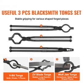 Happybuy Blacksmith Tongs, 18”, 3 PCS, V-Bit & More, Carbon Steel, A3 Rivets, for Beginners & Pros, Ideal for Smithing and Crafting