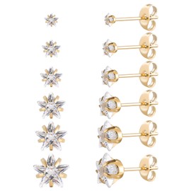 6 Pairs Surgical Stainless Steel Screw back Stud Earrings, 18K Gold Plated Heart Star Square Princess Cut Round CZ Stud Earrings Set (Gold star butterfly back)
