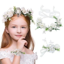 IYOU Flower Girl Headband Set White Rose Floral Holy Communion Hair Wreath Wrist Band Birthday Wedding Crown Headpiece for Girls