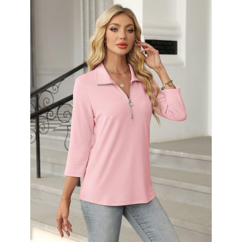 TICTICMISS Women's 3/4 Length Sleeve Tops Collared V Neck T