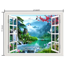 THNWSY 3D Self-Adhesive Painting Fake Window Wall Stickers Tropical Island with Palm Trees Wall Mural Window View Wall Decor for Home (17.3"×27.6", Landscape)