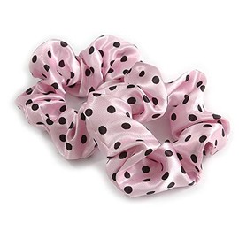 Pack Of 2 Pastel Pink/Black Polka Dot Silk Hair Scrunchies - Medium Thickness Hair